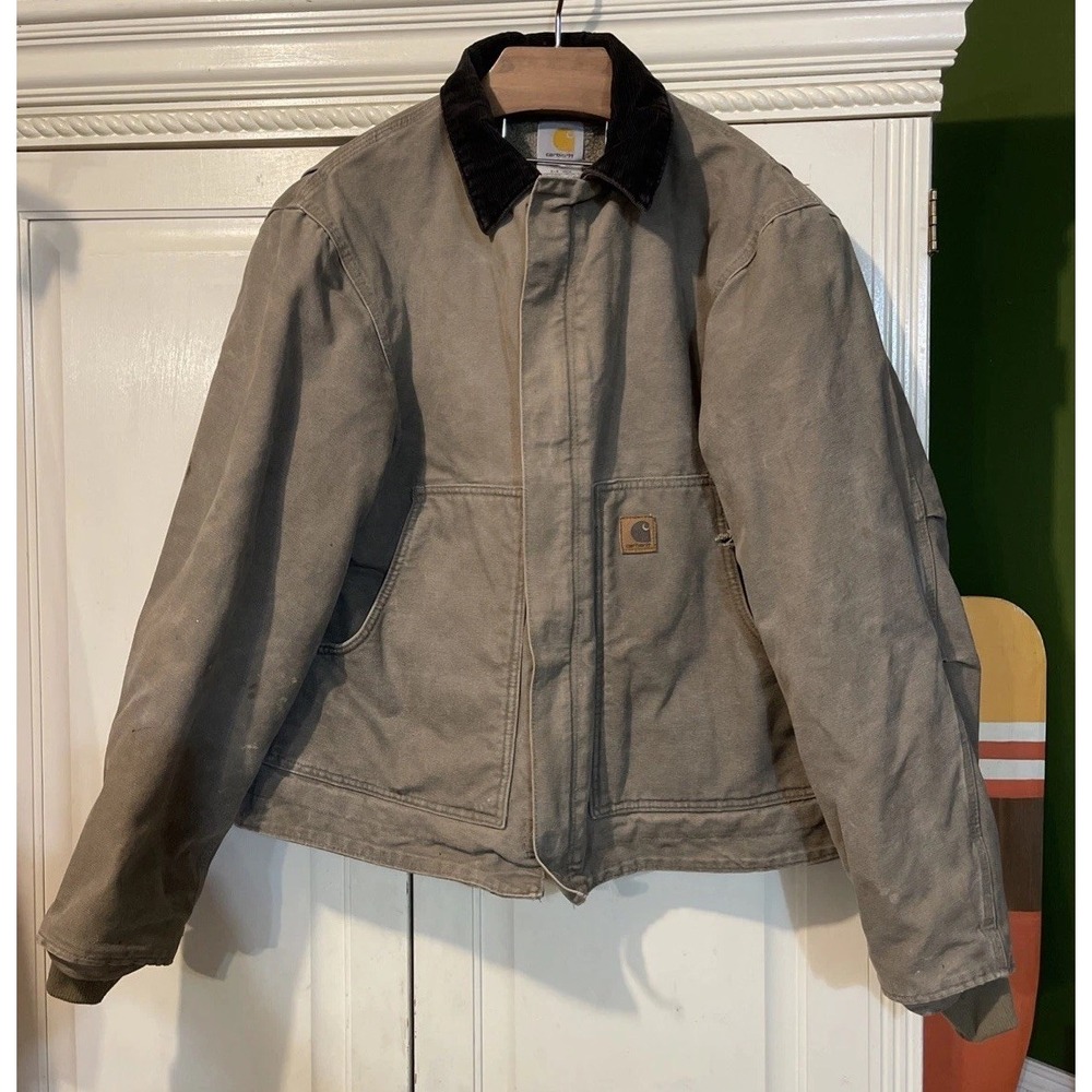 Carhartt Jacket J164 Men Med Mushroom Mustard Canvas Inner Fleece Lined Corduroy